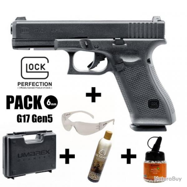 PACK PISTOLET GLOCK 17 Gen5 Noir - 6 mm BB - Gaz 1J