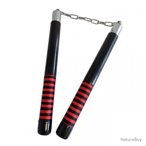 NUNCHAKU BOIS NOIR TISSU RAYE ROUGE