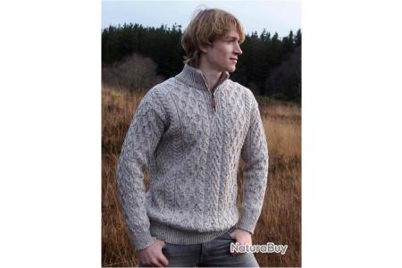 Pull camionneur Homme chaud en pure laine mérinos bleu, beige
