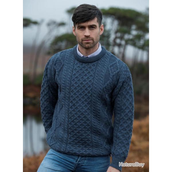Pull irlandais homme et femme laine mrinos chaud col rond  bleu  XL (extra large)