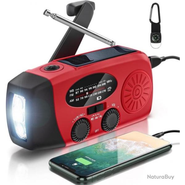 Radio Mto Multifonctionnelle Solaire  Manivelle FM AM WB NOAA 2000mAh Lampe de Poche Power Bank