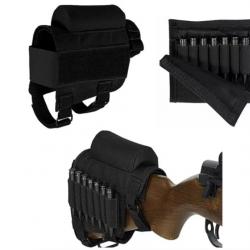 Repose-Joue Tactique avec Porte-Munitions pour Fusil - Chasse & Tir - Ambidextre Noir