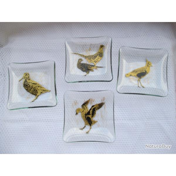 Thme CHASSE Gibier  Plume -Lot de 4 COUPELLES en verre - Annes 60 .