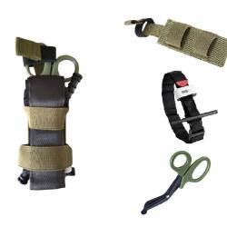 Ensemble Garrot + Porte-garrot universel + ciseaux médicaux Kaki
