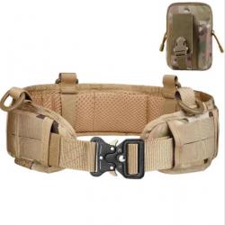 Ceinture Tactique Rembourrée Réglable Multifonction + Pochette Escalade Chasse Tir Randonnée Beige