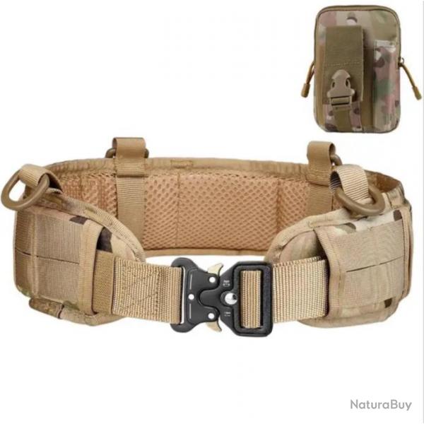 Ceinture Tactique Rembourre Rglable Multifonction + Pochette Escalade Chasse Tir Randonne Beige