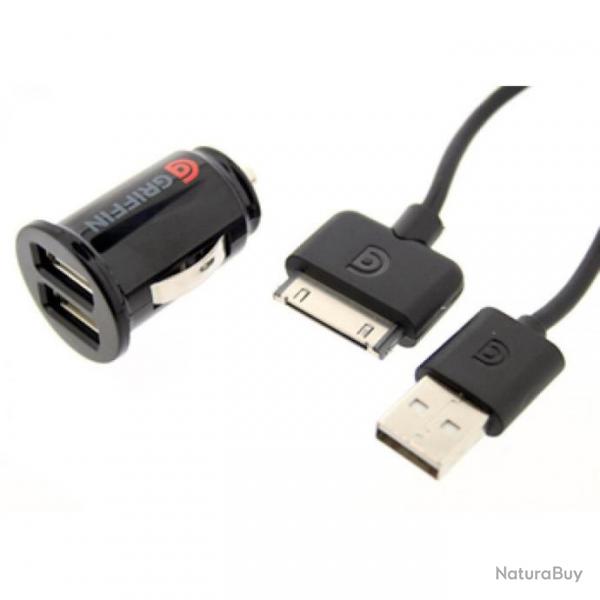 Griffin Double chargeur USB Voiture Allume Cigare pour iPhone 4/4s, Couleur: Noir