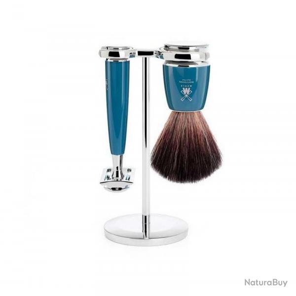 Set de rasage "Rytmo" 3 pices, Manche rsine bleue ptrole, Poils pur noir [Mhle]