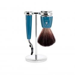 Set de rasage Mach3® "Rytmo" 3 pièces, Manche résine bleue pétrole, Poils pur noir [Mühle]