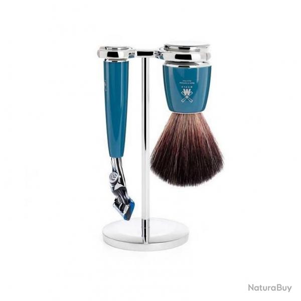 Set de rasage Fusion "Rytmo" 3 pices, Manche rsine bleue ptrole, Poils pur noir [Mhle]