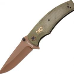 Couteau Browning Trailside Bronze Lame Acier D2 Manche Green Micarta Linerlock Clip BR0466