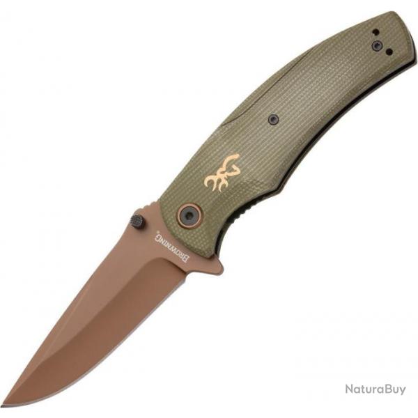 Couteau Browning Trailside Bronze Lame Acier D2 Manche Green Micarta Linerlock Clip BR0466