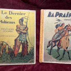 Lot de 2 livres anciens le dernier des mohicans et la prairie Fenimore Cooper 1937