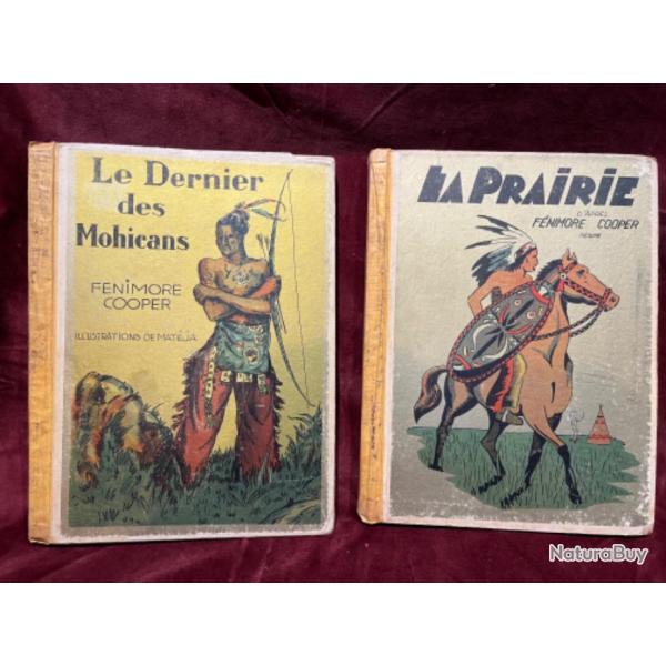 Lot de 2 livres anciens le dernier des mohicans et la prairie Fenimore Cooper 1937