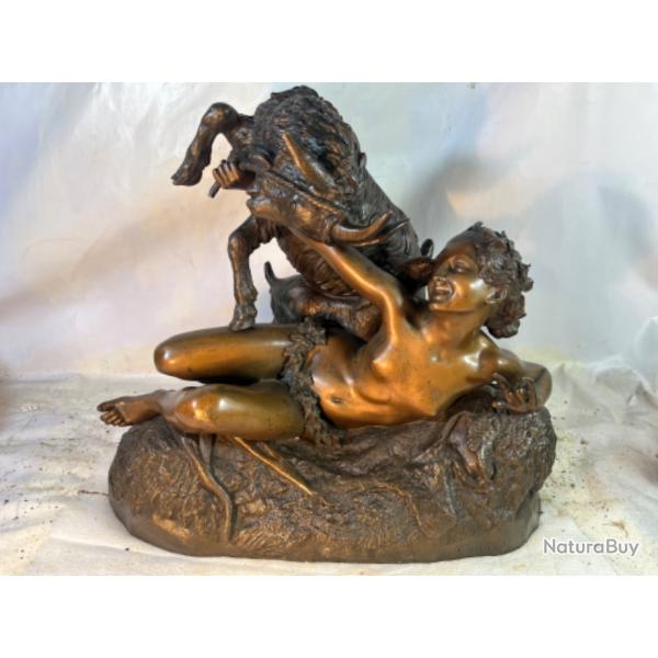 Georges Garreau sculpture en bronze Baccante et chvres