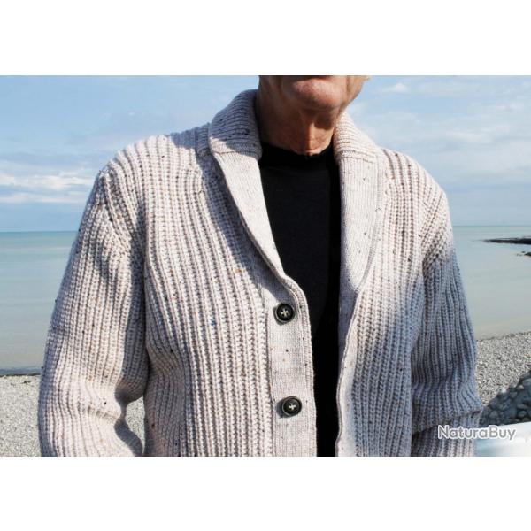 Gilet homme col chle ctel avec poches en pure laine mrinos beige 2XL