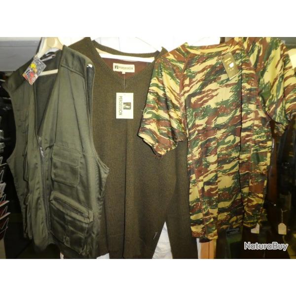 lot gilet chasse, t-shirt,pull taille XL