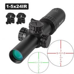 Lunette Visée 1-5X24 Réticule Illuminé RougeVert Colliers 20mm chasse tir AR15 étanche Bestsight