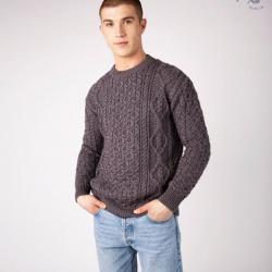 Pull irlandais Homme pure laine mérinos chaud grosses mailles col rond gris  M (médium)