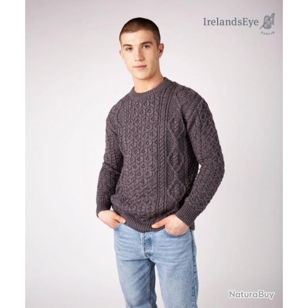 Pull irlandais Homme pure laine mrinos chaud grosses mailles col rond gris  M (mdium)