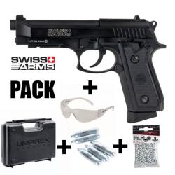 PACK PISTOLET SWISS ARMS P92 Noir - Blowback - 4.5mm BB - CO² / 1.7J