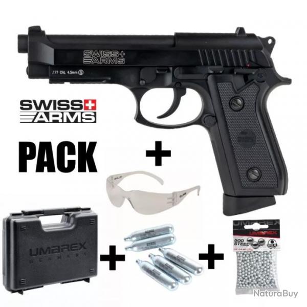 PACK PISTOLET SWISS ARMS P92 Noir - Blowback - 4.5mm BB - CO / 1.7J