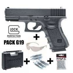 PACK PISTOLET GLOCK 19 Noir - Culasse fixe - 4.5 mm BBs - CO² 3J