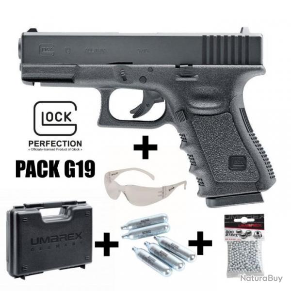 PACK PISTOLET GLOCK 19 Noir - Culasse fixe - 4.5 mm BBs - CO 3J