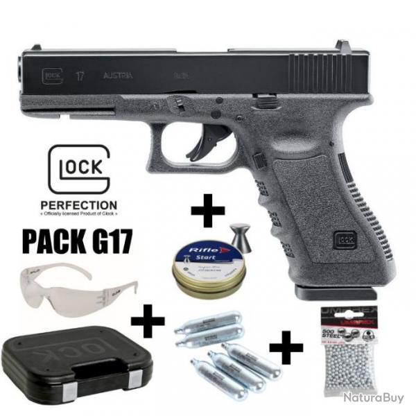 PACK PISTOLET GLOCK 17 Noir - 4.5 mm BBs ou Plombs - CO 3J