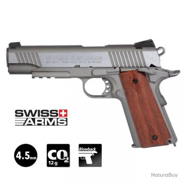 PISTOLET SWISS ARMS 1911 RAIL GUN Silver Blowback 4.5mm CO2