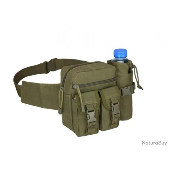 Sac de Ceinture Banane Etanche Tactique Militaire + Poche de Bouteille d'eau randonne camping Vert