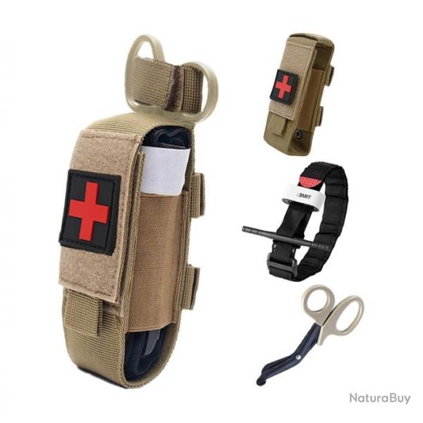 Ensemble Garrot + Porte-garrot velcro beige + ciseaux mdicaux beige + patch croix rouge/noir