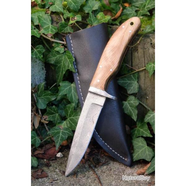 Poignard Couteau De Chasse Damas Lame Skinner 256 Couches Manche Olivier Fabr Artisanale Etui Cuir