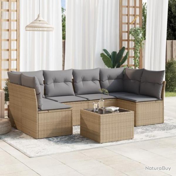 Salon de jardin avec coussins 7 pcs beige rsine tresse