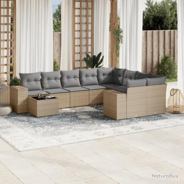 Salon de jardin avec coussins 10 pcs beige rsine tresse