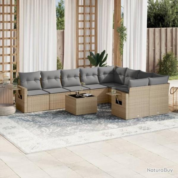 Salon de jardin avec coussins 10 pcs beige rsine tresse