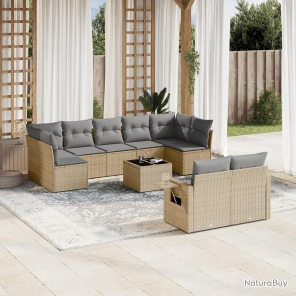 Salon de jardin avec coussins 10 pcs beige rsine tresse