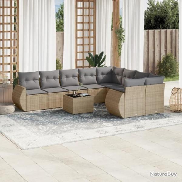 Salon de jardin avec coussins 10 pcs beige rsine tresse