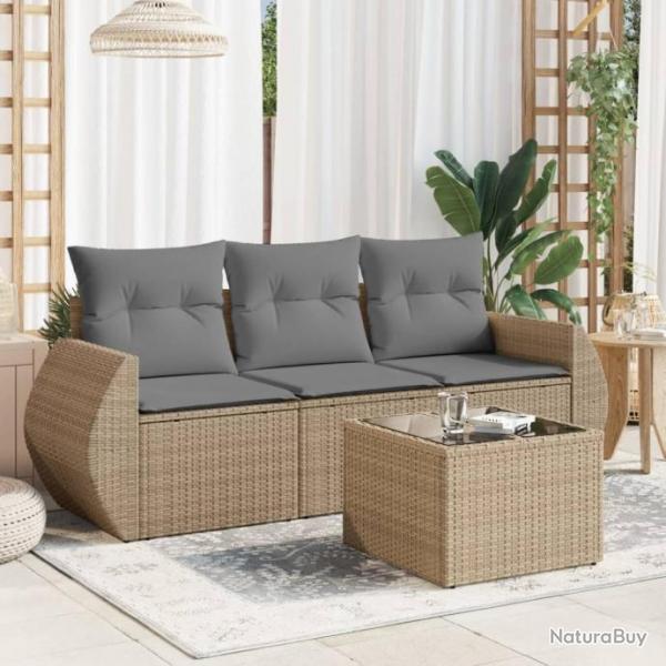 Salon de jardin avec coussins 4 pcs beige rsine tresse