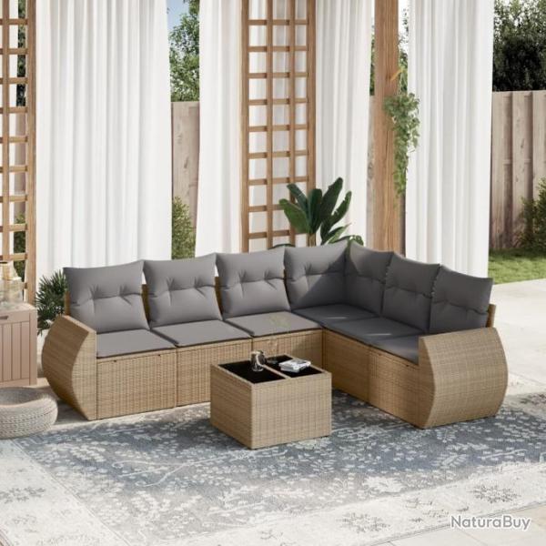 Salon de jardin avec coussins 7 pcs beige rsine tresse