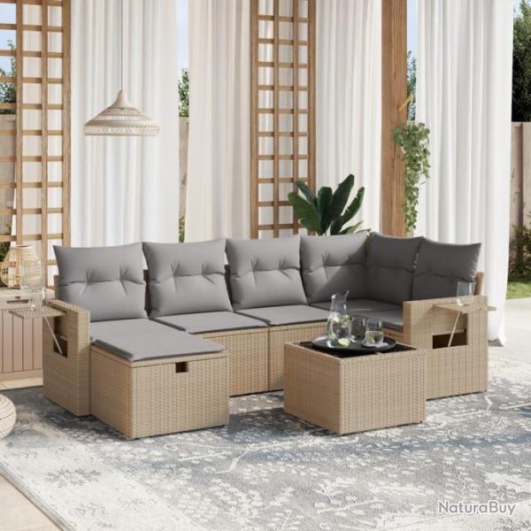 Salon de jardin avec coussins 7pcs mlange beige rsine tresse