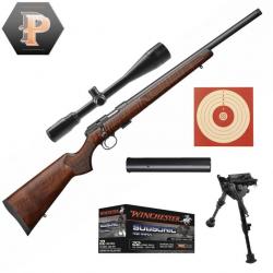 Pack Sniper Carabine CZ 457 Varmint LH Cal.22LR + Lunette 6-24X42 + Bipied + Modérateur, cibles et m