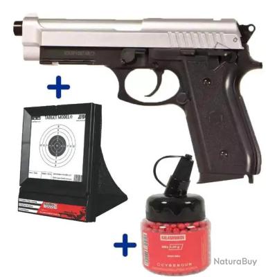 Pistolet Airsoft PT92 Argent 0,5J - Ressort, Culasse Métal, Livré Avec Billes Et Lunettes