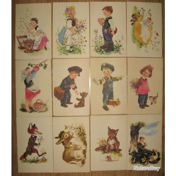 12 pices, allemande Carte postale ancienne, Cartes illustres pour enfants. 1900's