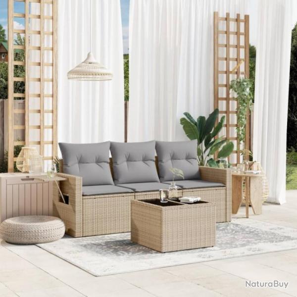 Salon de jardin avec coussins 4 pcs beige rsine tresse