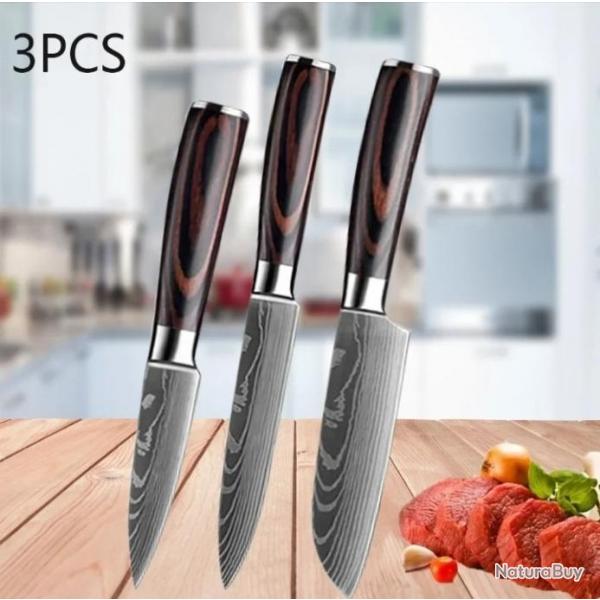 LOT DE 3 COUTEAUX DE CUISINE STYLE JAPONNAIS. DAMAS LASER