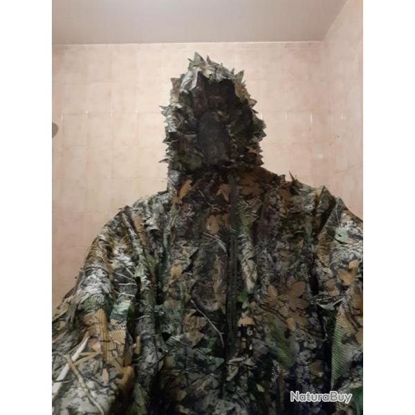 Ghillie 3D + Poncho Camo pluie + Cagoule + Cache cou.