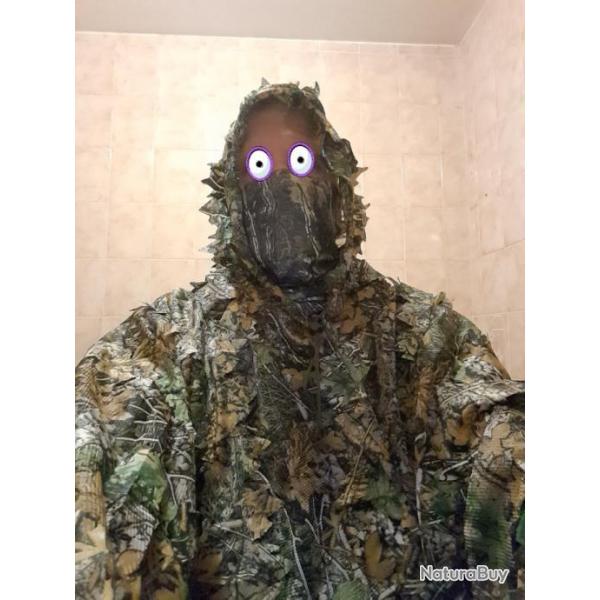 Ghillie 3D + Poncho Camo pluie + Cagoule + Cache cou.