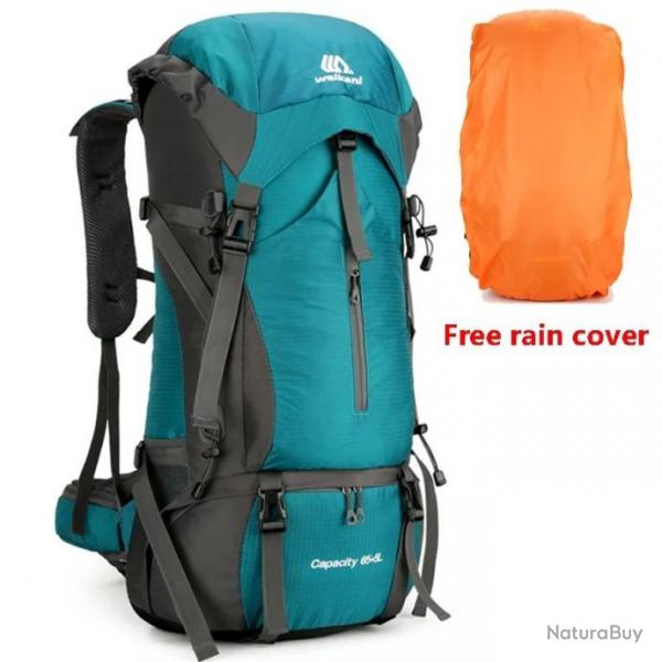 Sac  Dos de Camping en Nylon + Housse de Pluie Randonne 70 L Camping Etanche Bleu