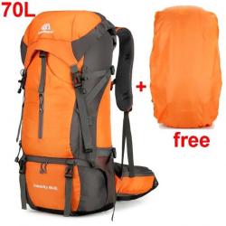 Sac à Dos de Camping en Nylon + Housse de Pluie Randonnée 70 L Camping Etanche Orange